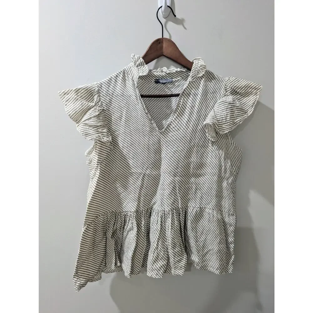 Piazza Del Tempio Striped Ruffle Linen Top - Picture 1 of 4